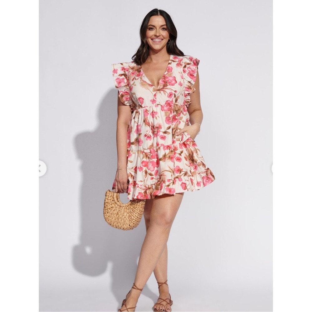 Abercrombie & Fitch Flutter Sleeve Tiered Mini Dress Pink Floral Watercolor S
